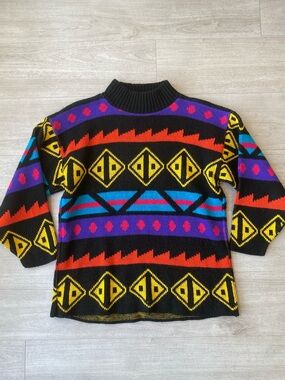 Vintage 80s 90s Croquet Club Aztec Geometric Sweater Womens Bold Colorblock Knit